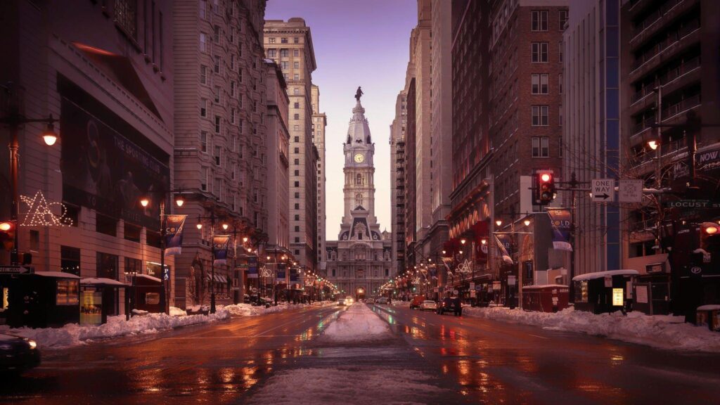 Philadelphia Streets Tall Buildings Road Snow
