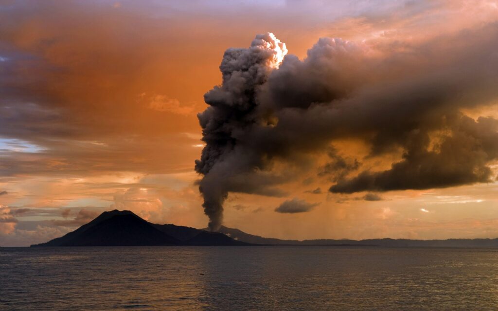 Volcano, Landscape, Clouds, Sunset, Sea, Eruption Wallpapers HD