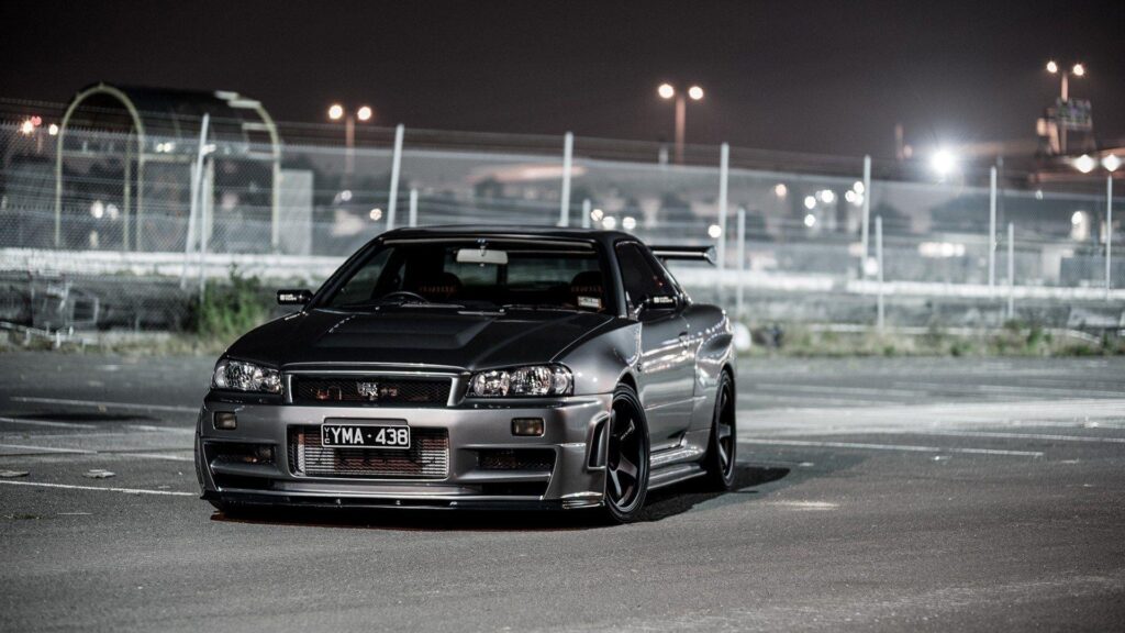 Black Nissan Skyline R Street Fence Night Lights 2K Wallpapers