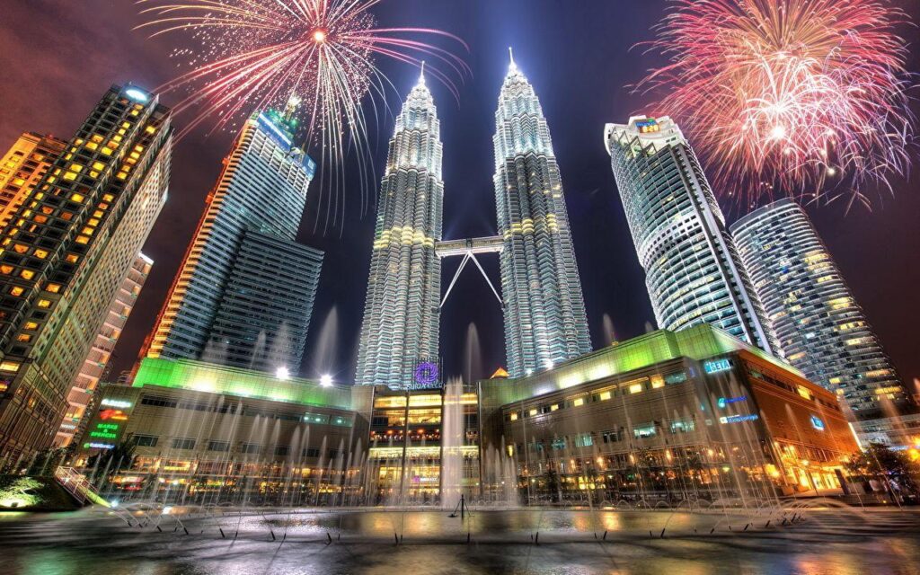 Wallpaper Kuala Lumpur Malaysia Fireworks Fountains HDRI Night