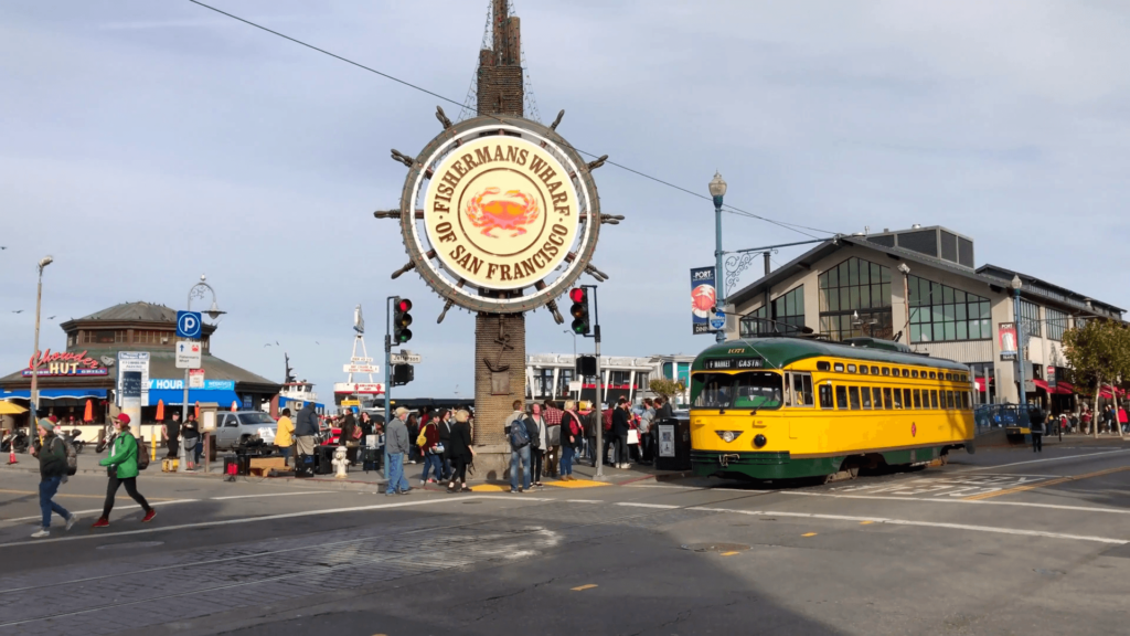 San Francisco trolley rides through Fisherman’s wharf Stock Video